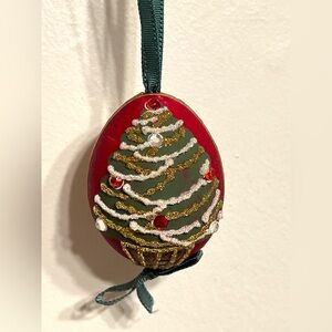 VTG Handmade Egg Shaped Red Green Christmas Tree Ornament Rhinestones Bow 2.5"